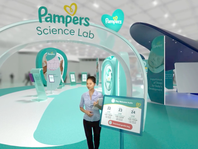 Pampers 3d rendered display with a person ready to welcome you.