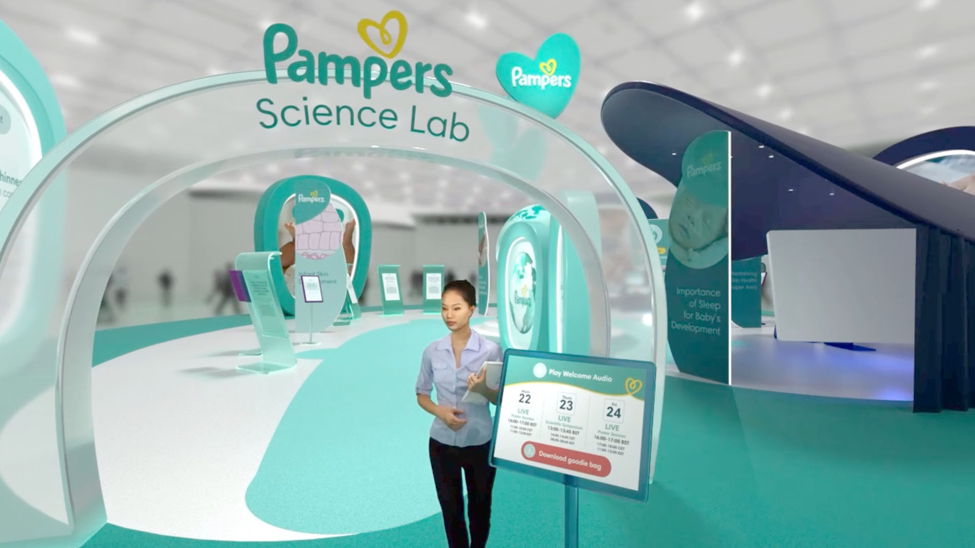 Pampers 3d rendered display with a person ready to welcome you.